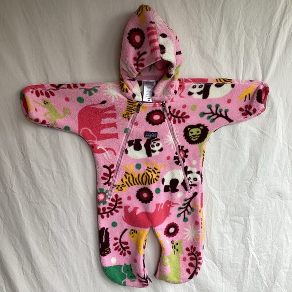 Patagonia Fleece Bunting baby 3M Pink with animals baby girl